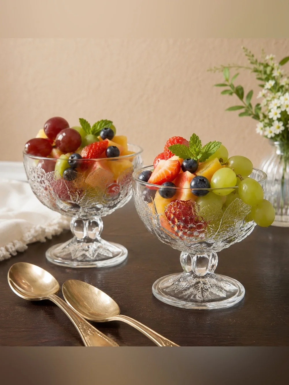 Vintage 1990s Crate & Barrel Fruit Glass Dessert Coupes Pair